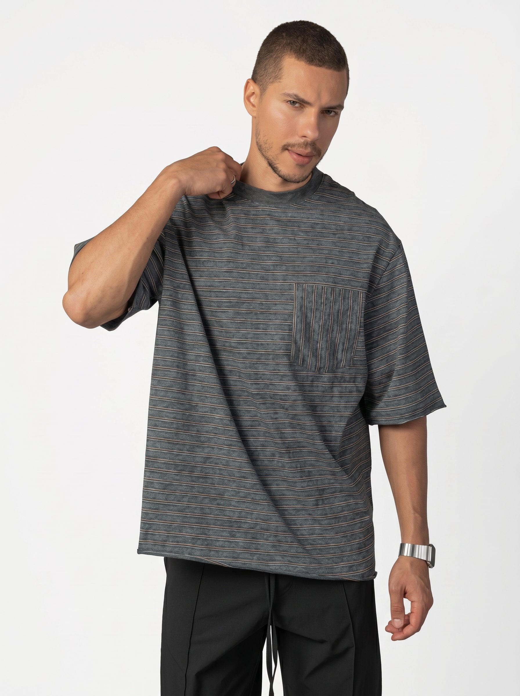Vertical Striped Pocket T-Shirt in Washed Olive