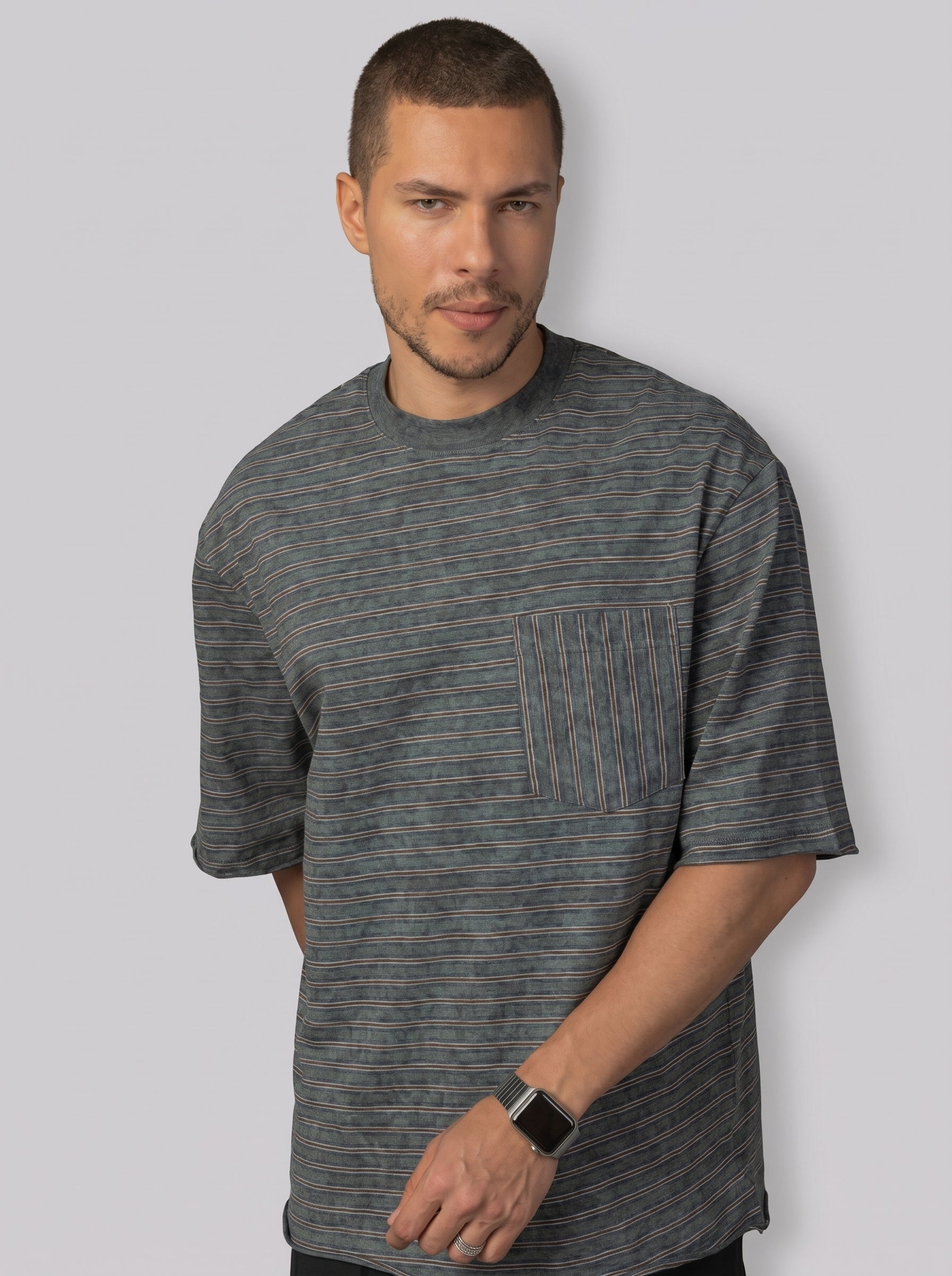Vertical Striped Pocket T-Shirt in Washed Olive