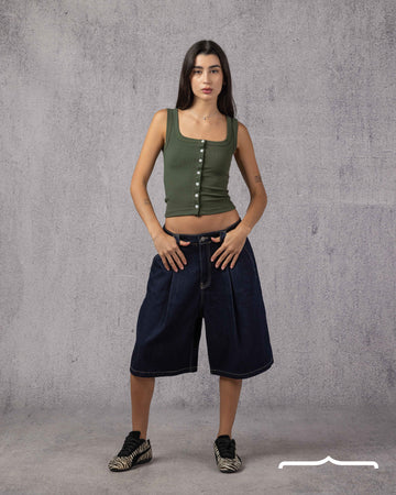 Ripped Buttoned Top in Olive