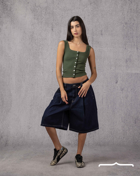 Ripped Buttoned Top in Olive
