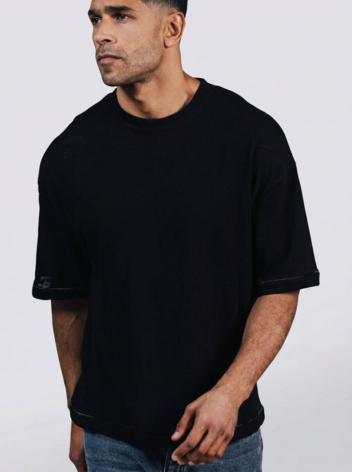 Boxy Fit Oversized Knitwear T-Shirt in Black