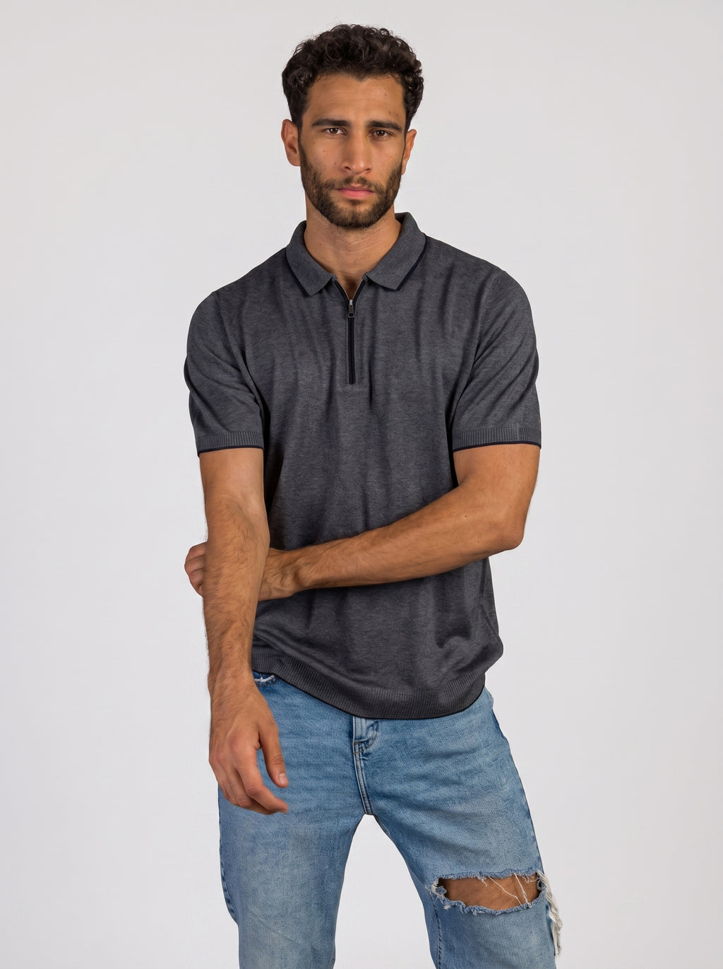 Knitwear zip up polo in Grey