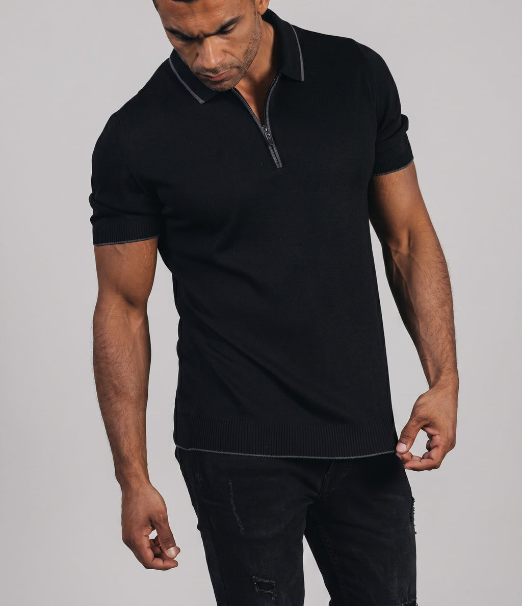 Knitwear zip up polo in Black